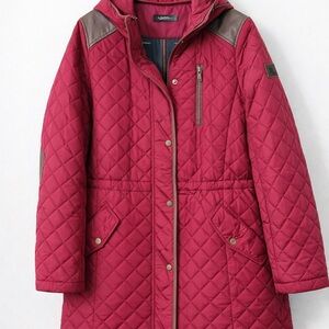 Ralph Lauren Quilted Jacket Women Large Burgundy Hooded Coat Faux Leather Trim